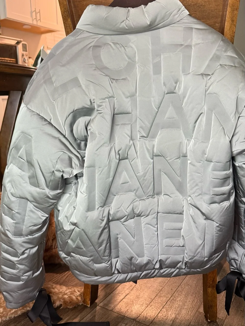 CHANEL Light Gray Quilted Logo Puffer Jacket - Picture 1 of 5